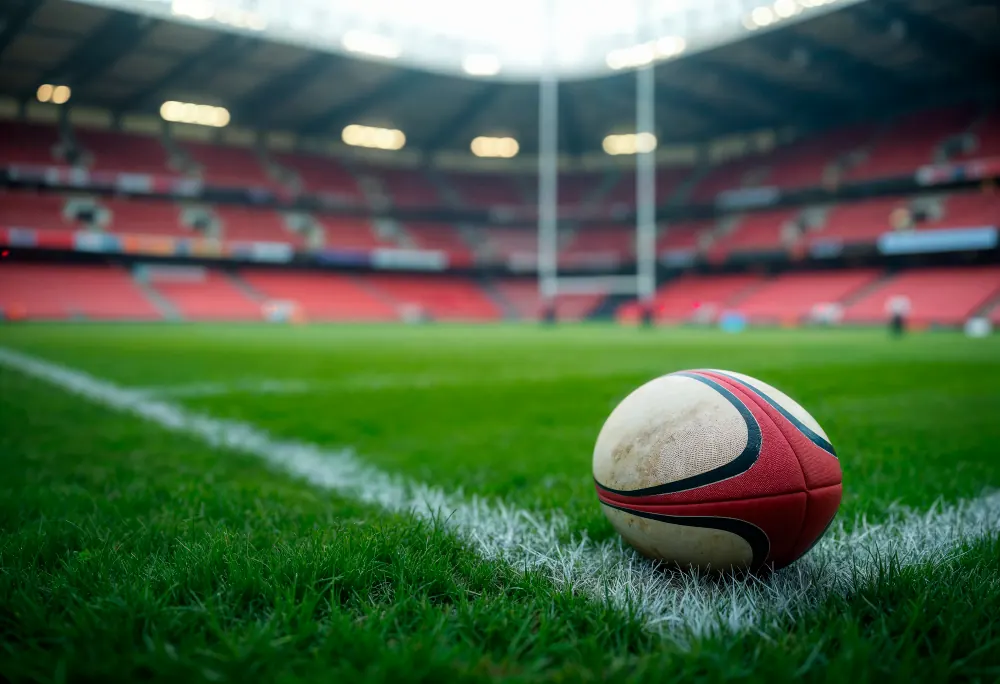 Ballon de rugby posé sur la pelouse d’un stade, tribunes rouges en arrière-plan