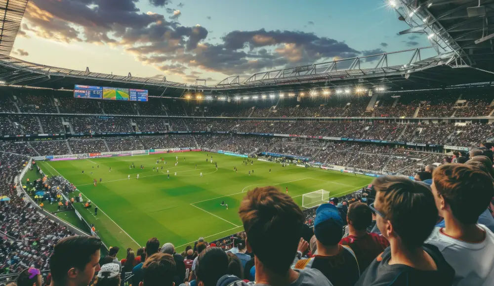 Stade de football rempli de supporters, vu depuis les tribunes pendant un match